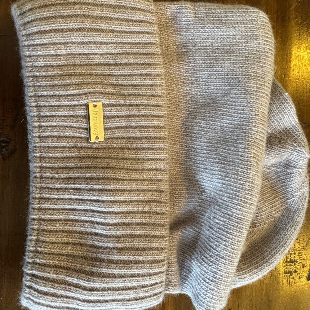 Aritzia Cream Knit Beanie with Gold Tone Logo Plate